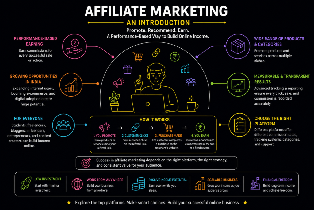 Affiliate marketing infographic explaining how affiliate programs work, including merchants, affiliate partners, consumers, referral links, commission earnings, performance tracking, online income opportunities, and platform selection strategies.