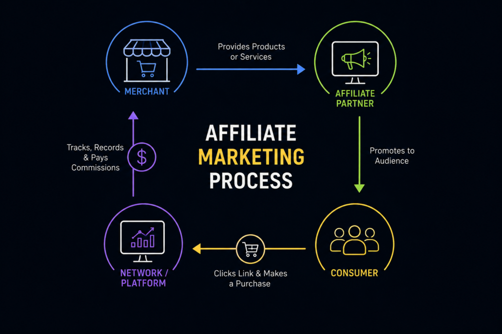 Affiliate marketing process diagram showing merchant, affiliate partner, consumer, and affiliate network workflow with referral links, commission tracking, conversions, and performance-based earnings.