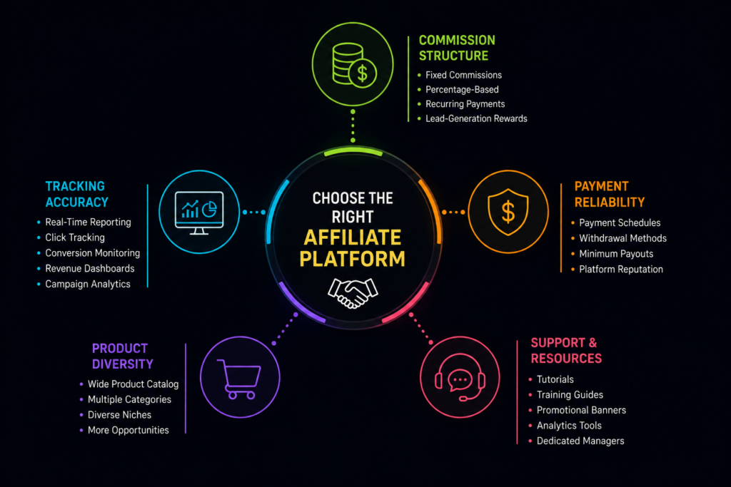 Affiliate platform selection infographic showing commission structure, tracking accuracy, payment reliability, product diversity, and support resources for choosing the best affiliate marketing platform.