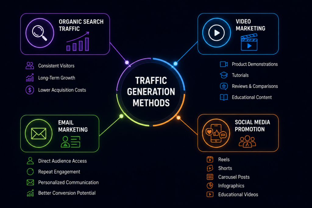 Affiliate traffic generation methods infographic showing organic search traffic, video marketing, email marketing, and social media promotion strategies for affiliate marketing growth and higher conversions.