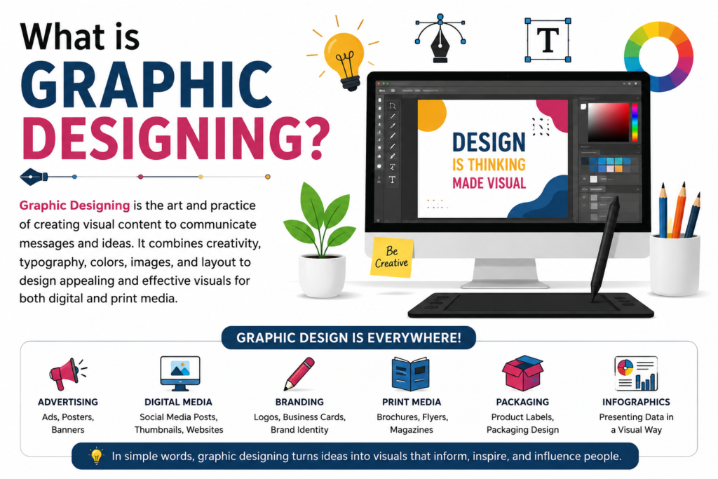 Graphic Designing workspace with creative tools, design software, and modern digital design elements for beginners in 2026.
