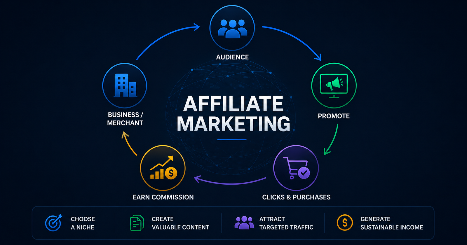 Money in affiliate marketing infographic showing how affiliates earn commissions through audience engagement, product promotion, customer purchases, and sustainable online income growth.
