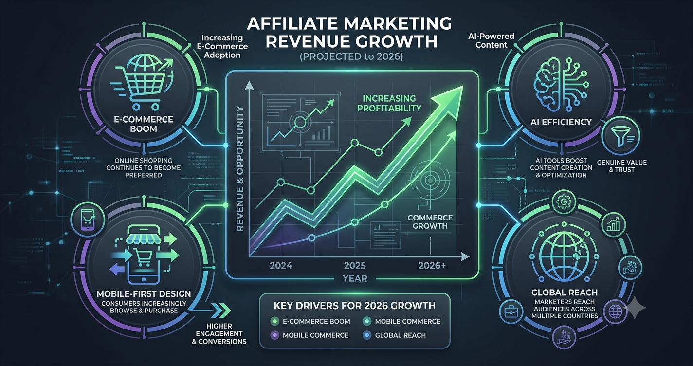A professional business infographic chart showing how to scale and grow money in affiliate marketing through 2026. The dark-themed diagram features a rising revenue growth graph surrounded by key drivers: E-Commerce Boom, AI Efficiency, Mobile-First Design, and Global Reach.
