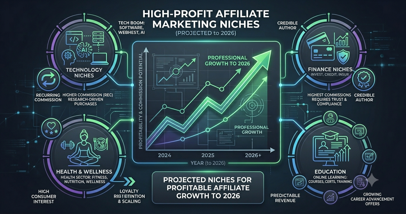 A digital marketing chart detailing the most profitable niches for earning money in affiliate marketing. The dark diagram illustrates projected growth through 2026 across high-commission sectors including Technology, Finance, Health & Wellness, and Education.