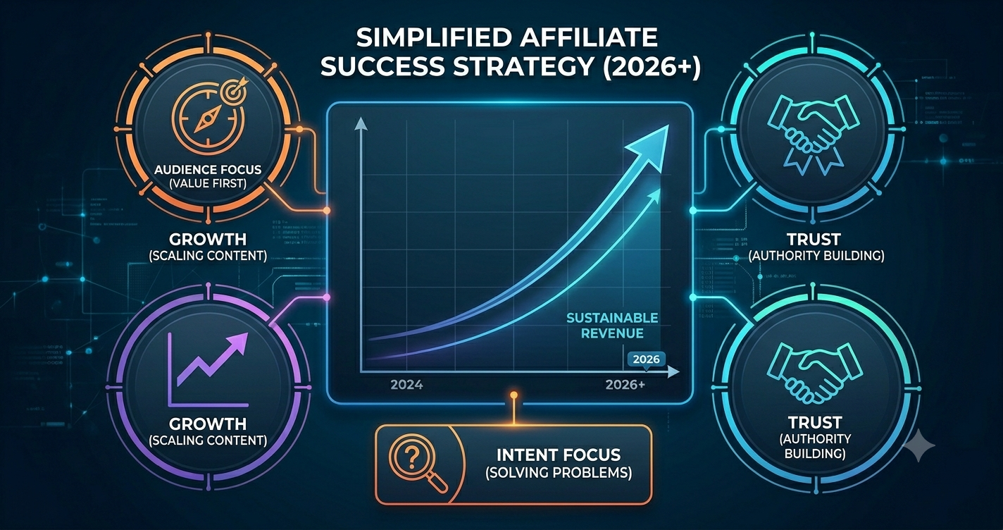 A simplified strategy diagram mapping out a sustainable blueprint for making money in affiliate marketing. The clean, professional dark-mode chart highlights a steady growth curve driven by audience focus, intent-based content creation, and authority trust-building.