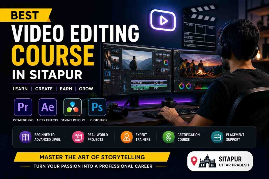 Professional featured image for the Best Video Editing Course in Sitapur showing a modern video editing setup with industry-standard software.