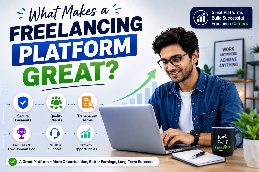 Young freelancer working on a laptop with icons showing secure payments, quality clients, fair fees, reliable support, and growth opportunities that make a freelancing platform great.