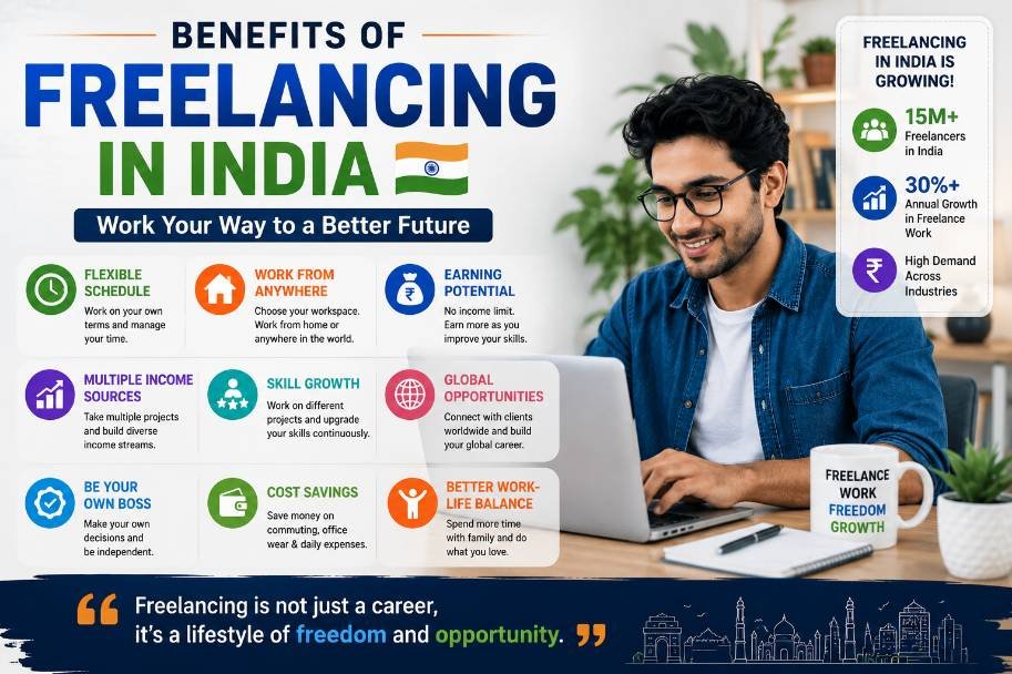 Indian freelancer working on a laptop with infographic icons highlighting the benefits of freelancing in India, including flexible schedules, multiple income streams, skill growth, and global opportunities.