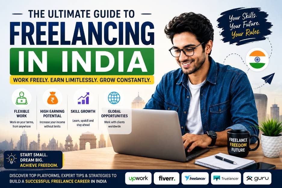 Featured image showing a young Indian freelancer working on a laptop with icons for flexible work, high earning potential, skill growth, global opportunities, and popular freelancing platforms in India.