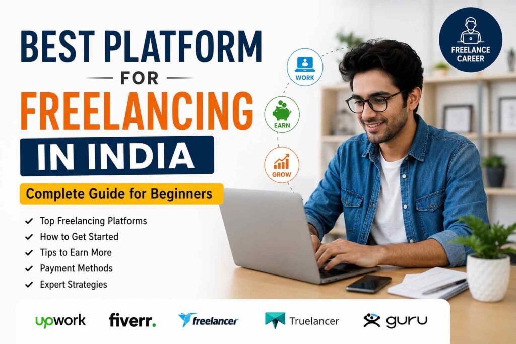 Professional freelancer working on a laptop representing the best platform for freelancing in India with popular freelance marketplaces and beginner tips.