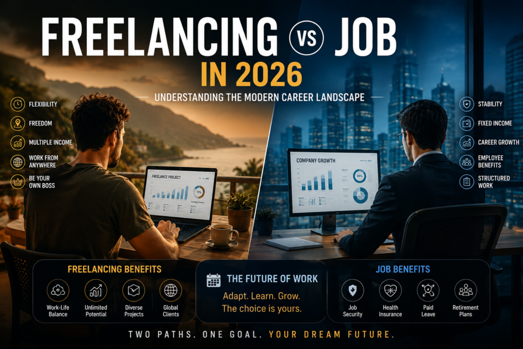 Split-screen comparison of freelancing and traditional jobs in 2026, showing a freelancer working remotely by a scenic landscape and an office employee working in a modern city office, highlighting career benefits, flexibility, stability, and income opportunities. Freelancing vs Job in 2026