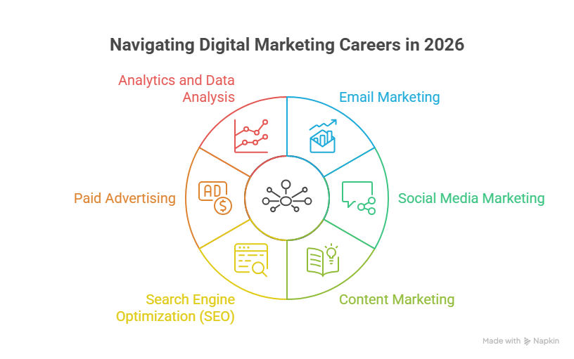 Digital marketing career paths in 2026, including SEO, content marketing, paid advertising, analytics, social media marketing, and email marketing.