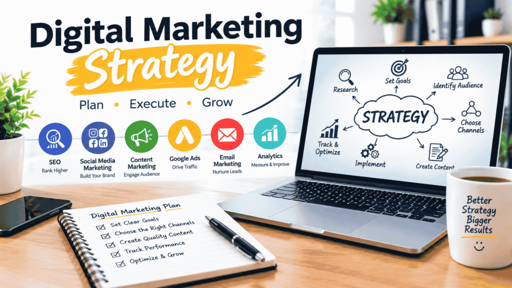 Digital marketing strategy with SEO, social media, content marketing, Google Ads, email marketing and analytics