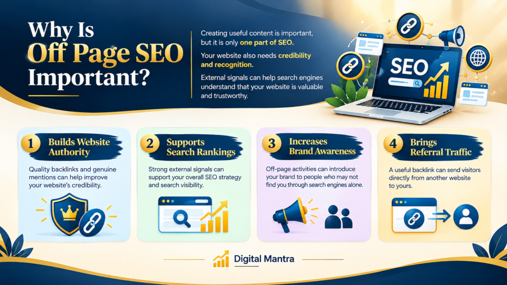 Infographic explaining why off page SEO is important, highlighting four benefits: building website authority, supporting search rankings, increasing brand awareness, and bringing referral traffic.