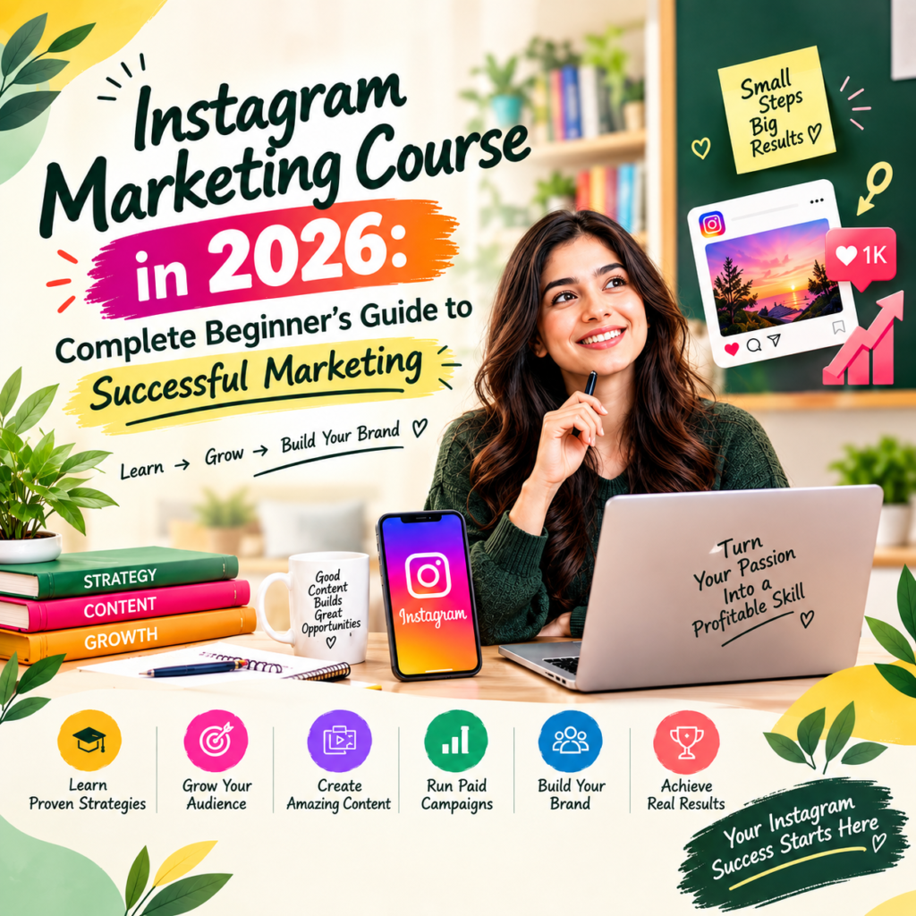 Instagram Marketing Course in 2026 – square promotional infographic featuring a beginner’s guide to Instagram marketing, content creation, audience growth, paid campaigns, brand building, and achieving real marketing results