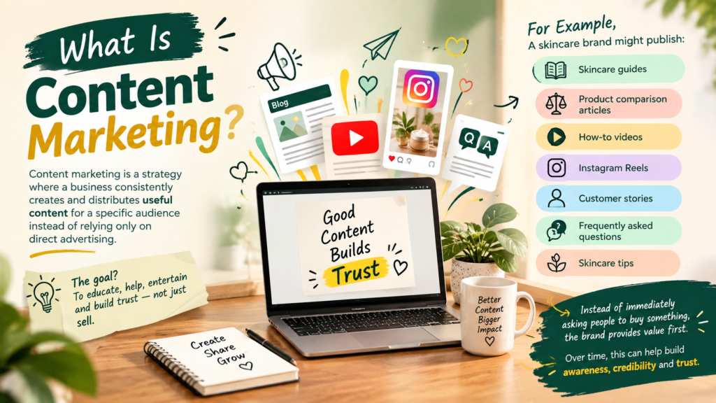 What is content marketing explained through an attractive infographic showing useful content such as blogs, videos, Instagram Reels, product comparisons, customer stories, FAQs, and skincare tips to build brand awareness, credibility, and trust