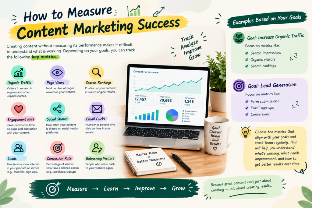 How to measure content marketing success using key metrics such as organic traffic, page views, search rankings, engagement rate, social shares, email clicks, leads, conversion rate, and returning visitors.