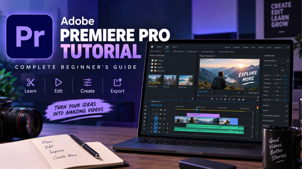 Adobe Premiere Pro tutorial for beginners showing video editing workspace, timeline, tools, and color correction panel.