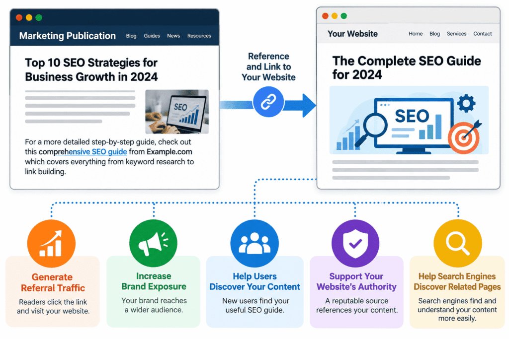 Off-page SEO backlink benefits from a marketing publication linking to an SEO guide.