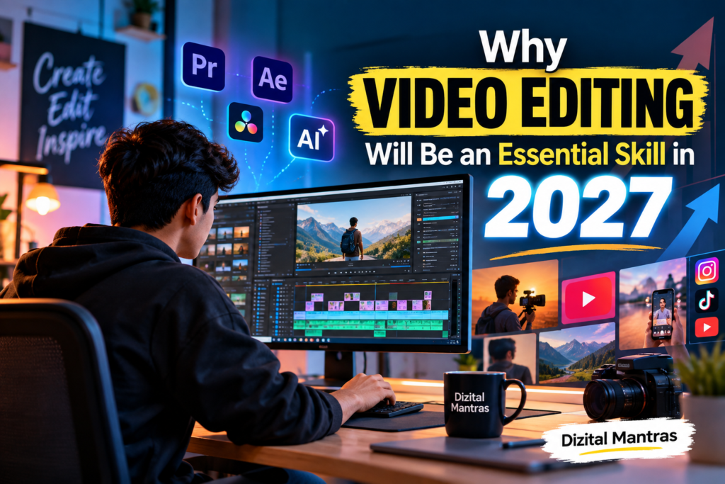Video editing workspace with an editor working on a professional timeline, AI and editing software icons, social media video visuals, and the headline “Why Video Editing Will Be an Essential Skill in 2027,” branded with Dizital Mantras.