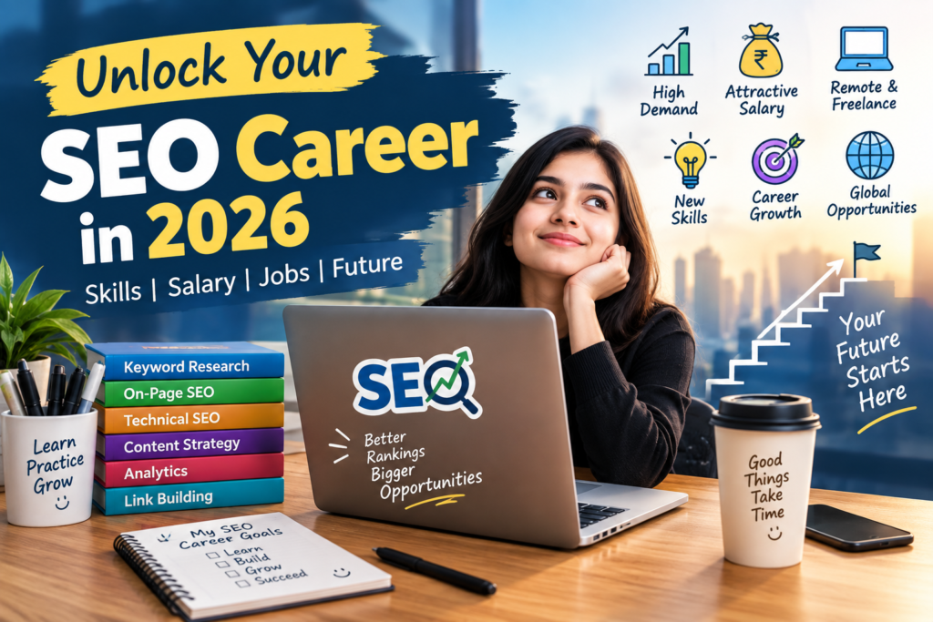 SEO Career in 2026 feature image showing SEO skills, salary, jobs, career growth, and future opportunities.