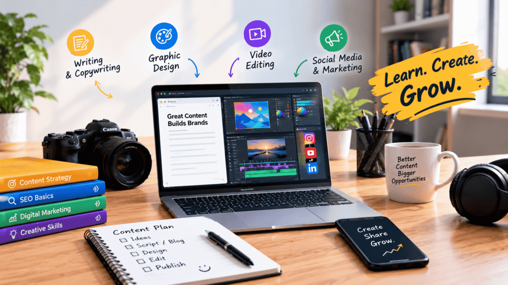 Content creation course covering writing design and video skills