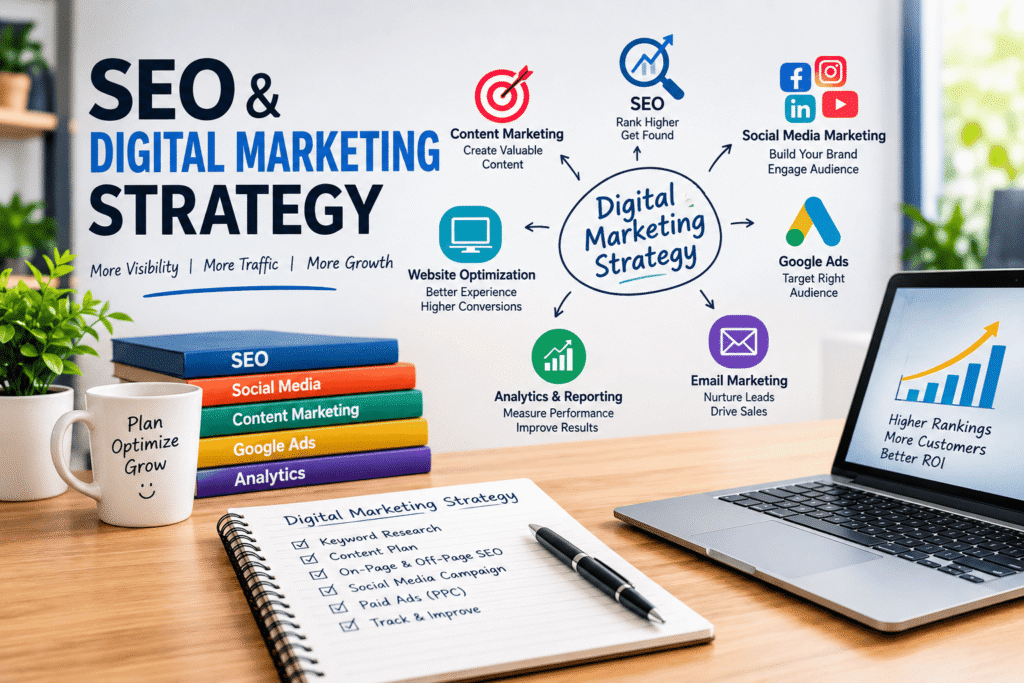 SEO and digital marketing strategy with content marketing, social media, Google Ads, website optimization and analytics