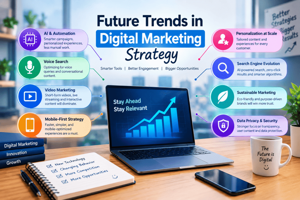 Future trends in digital marketing strategy with AI, SEO, voice search, video marketing, personalization, mobile strategy and analytics