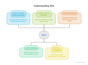 SEO diagram showing the key elements of search engine optimization, including keywords, content, technical SEO, link building, and audience targeting.