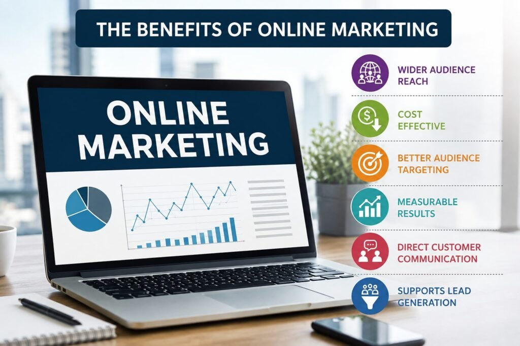 Benefits of online marketing showing audience reach, cost-effective marketing, audience targeting, measurable results, customer communication, and lead generation.