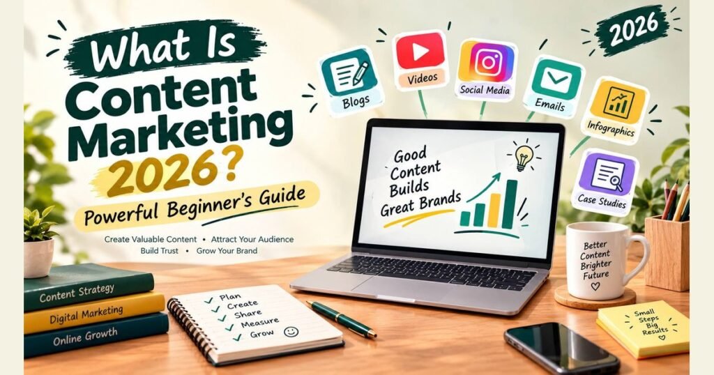 What is content marketing 2026 explained in a powerful beginner’s guide, featuring blogs, videos, social media, emails, infographics, and case studies used to create valuable content, attract audiences, build trust, and grow a brand