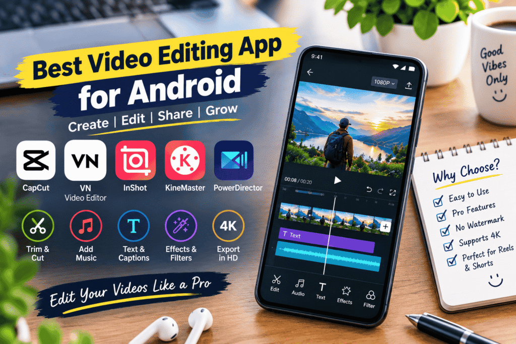 “Best video editing app for Android with mobile video editing tools, 4K export, effects, captions, and social media features”