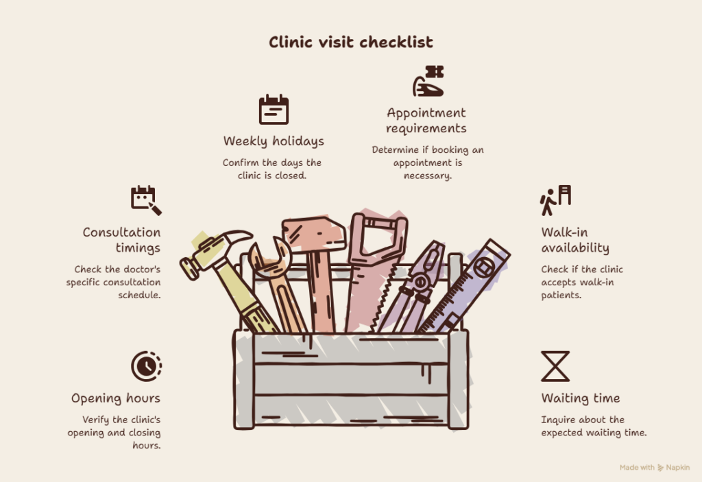 Clinic visit checklist for checking opening hours, appointment requirements, consultation timings and waiting time