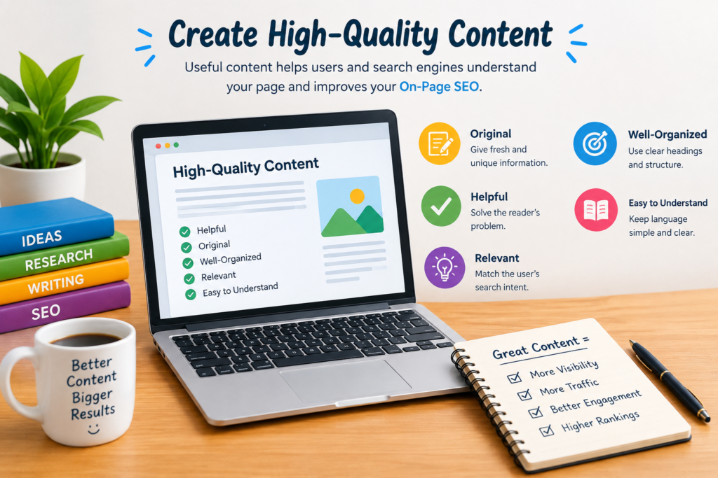 “On-Page SEO complete guide for beginners with keyword research, content optimization, meta tags, headings, internal linking, image optimization, and better rankings.”