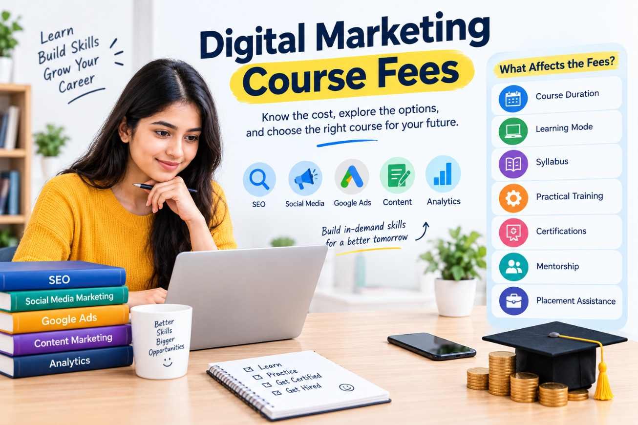 Digital marketing course fees infographic showing course costs, SEO, social media, Google Ads, content, analytics, practical training, certifications, mentorship, and placement assistance.