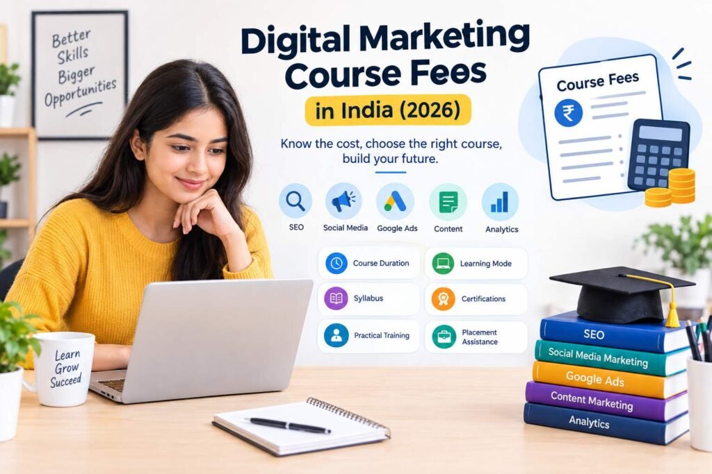 Digital marketing course fees in India in 2026, with a student learning online and key course factors including SEO, social media, Google Ads, content, analytics, certifications, and placement assistance.