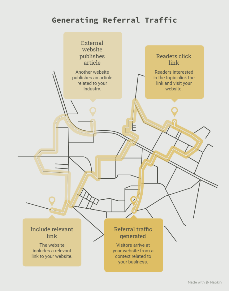 Generating Referral Traffic infographic showing how an external website publishes an article, includes a relevant link, readers click the link, and referral traffic brings visitors to your website.