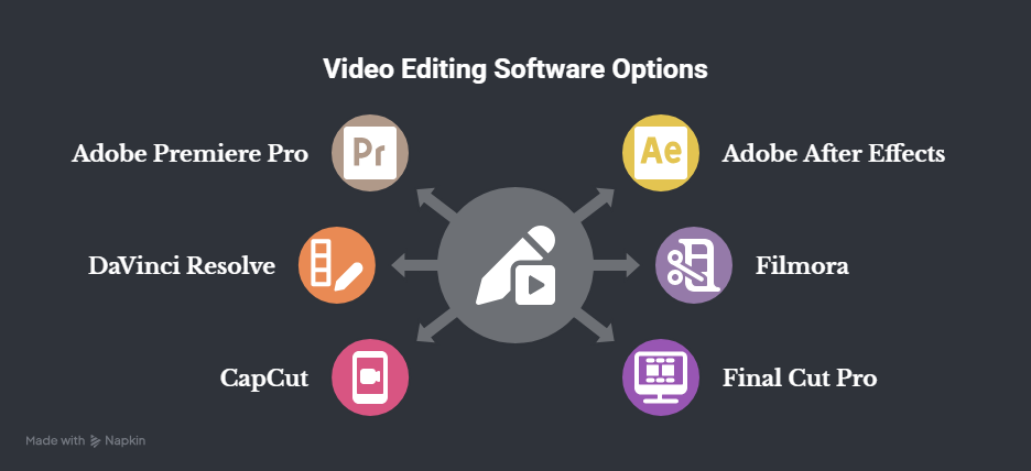 Video editing software options including Adobe Premiere Pro, Adobe After Effects, DaVinci Resolve, Filmora, CapCut, and Final Cut Pro.
