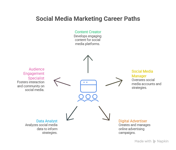 Social Media Marketing Career Paths infographic showing roles including Content Creator, Social Media Manager, Digital Advertiser, Data Analyst, and Audience Engagement Specialist, illustrating how SEO work and digital marketing skills connect across career opportunities.