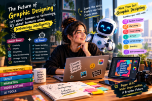 Designer Collaborating in Graphic Designing with AI in a Creative Workspace