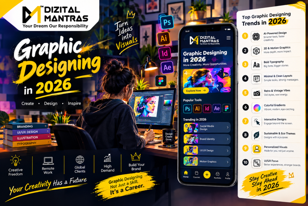 Graphic designing in 2026 with AI tools and creative trends.