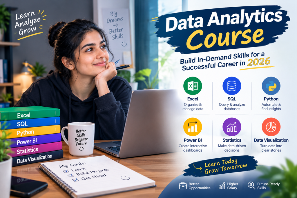 Data Analytics Course feature image showing a student learning Excel, SQL, Python, Power BI, statistics, and data visualization skills for a successful career in 2026.